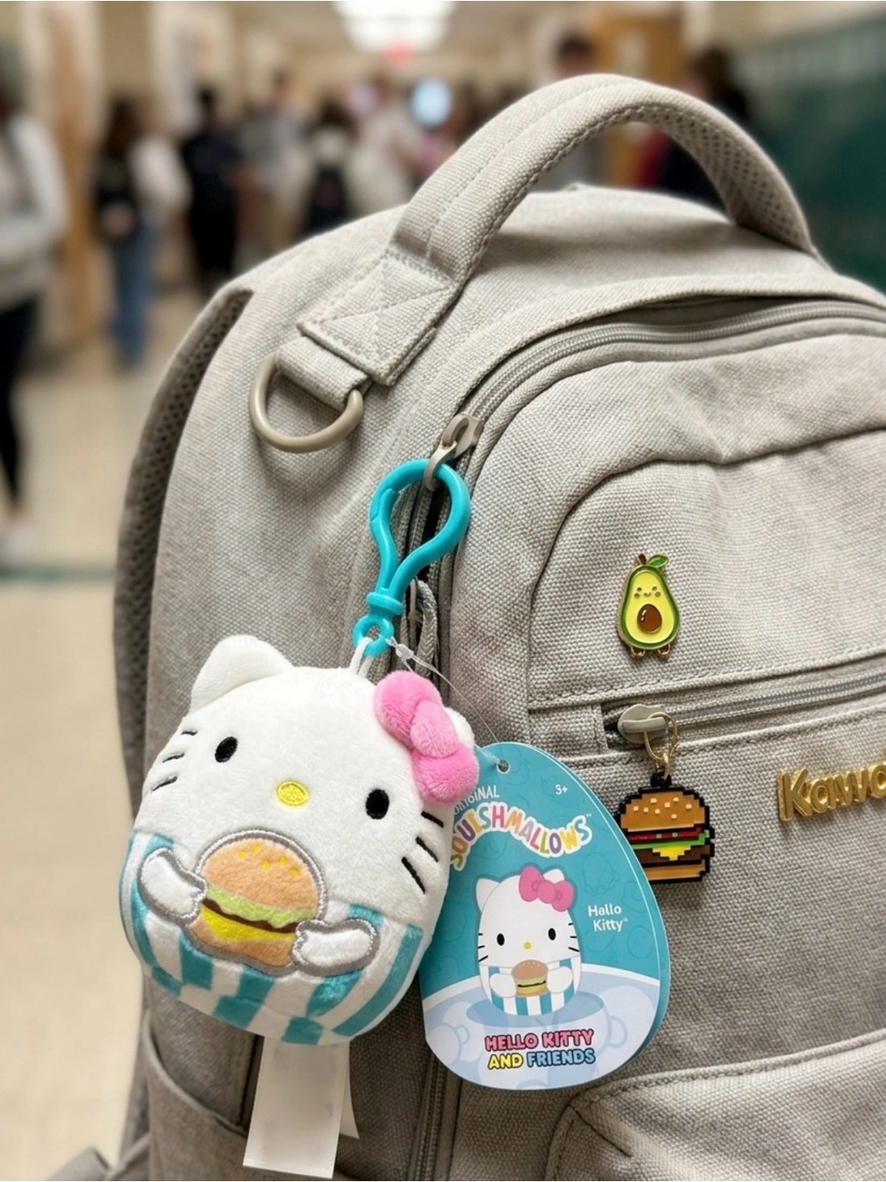 🩵Hello Kitty Teal and White Striped Plush Key Clip with Pink Bow and Hamburger 🩵